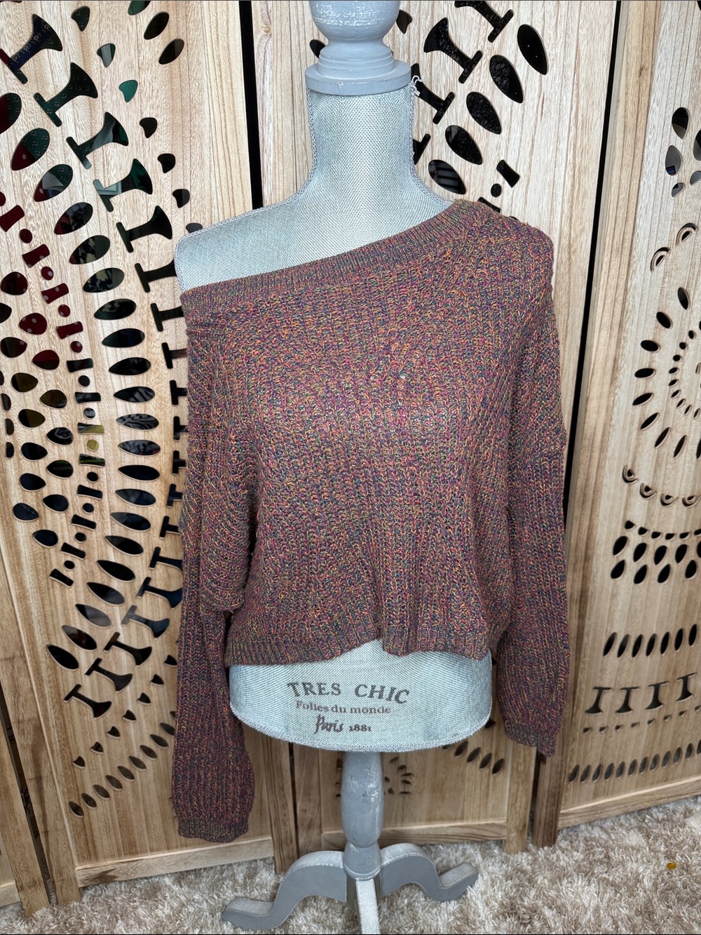 Express Multicolor Off-Shoulder Knit Sweater - Rust Blend